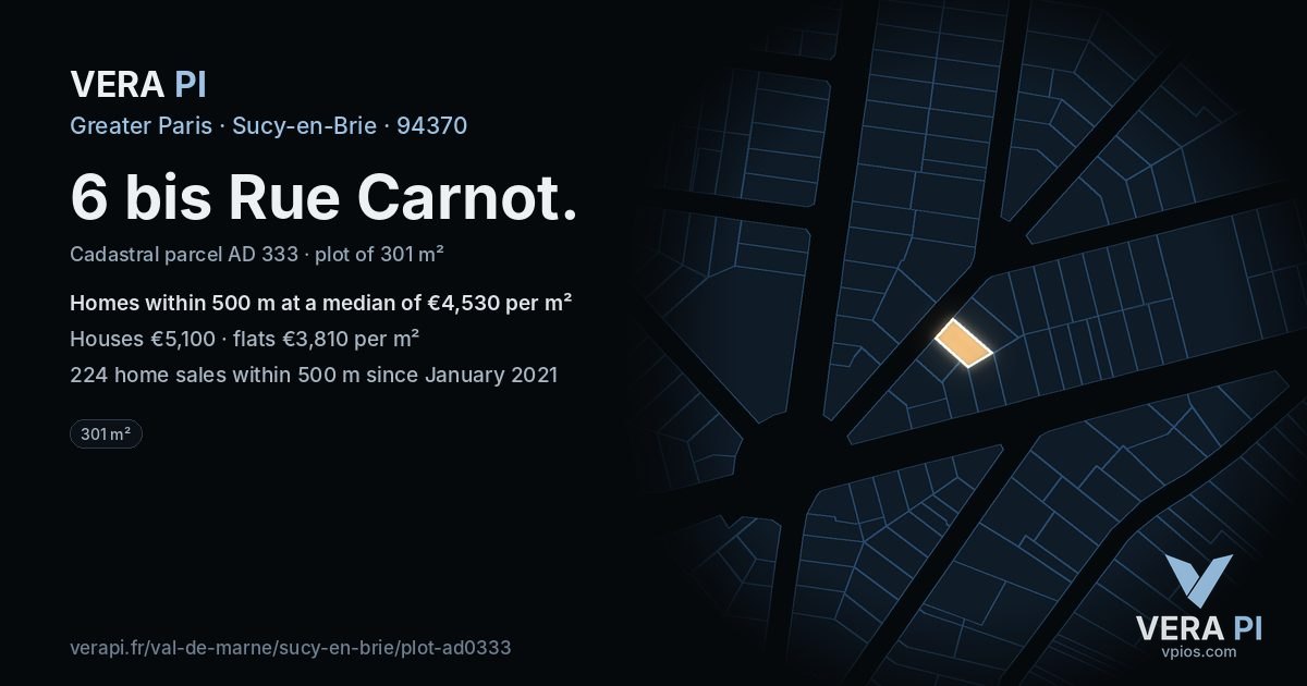 6 bis Rue Carnot, Sucy-en-Brie at night – the plot lit, the parcels around coloured by the prices near them