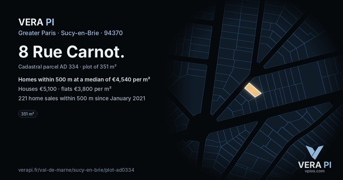 8 Rue Carnot, Sucy-en-Brie at night – the plot lit, the parcels around coloured by the prices near them
