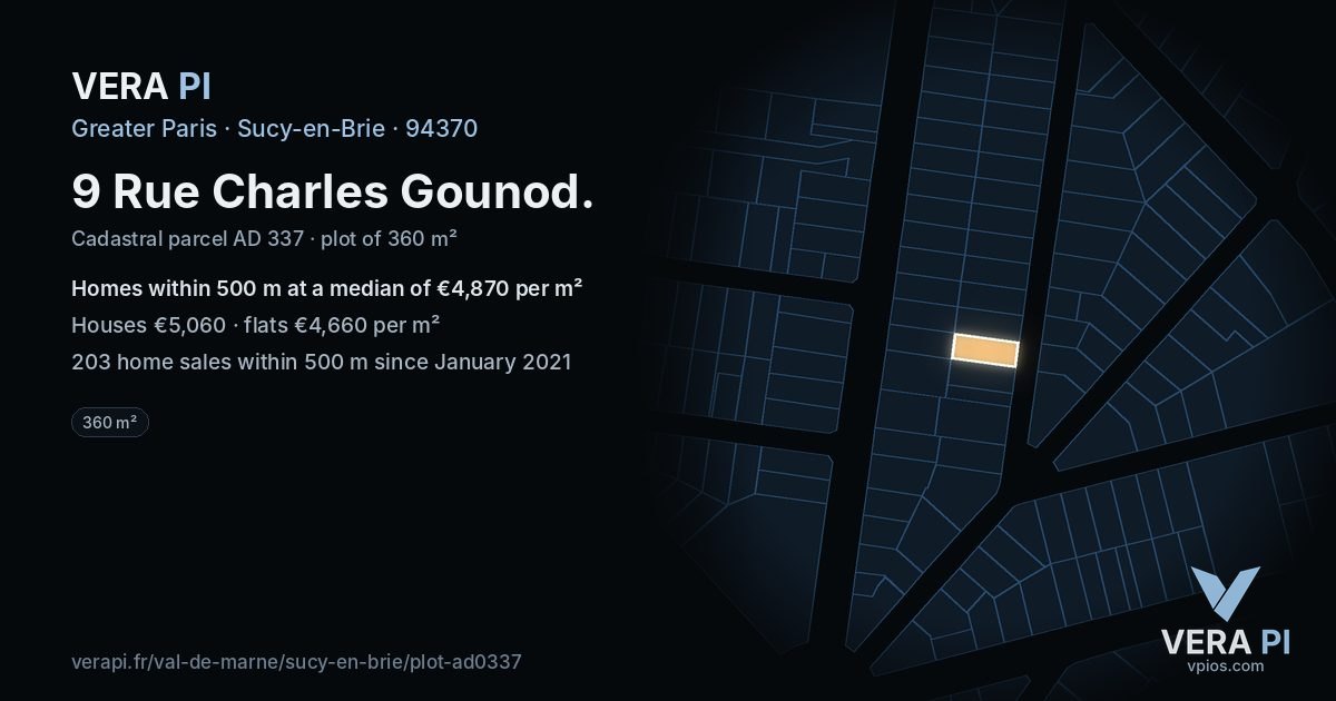 9 Rue Charles Gounod, Sucy-en-Brie at night – the plot lit, the parcels around coloured by the prices near them