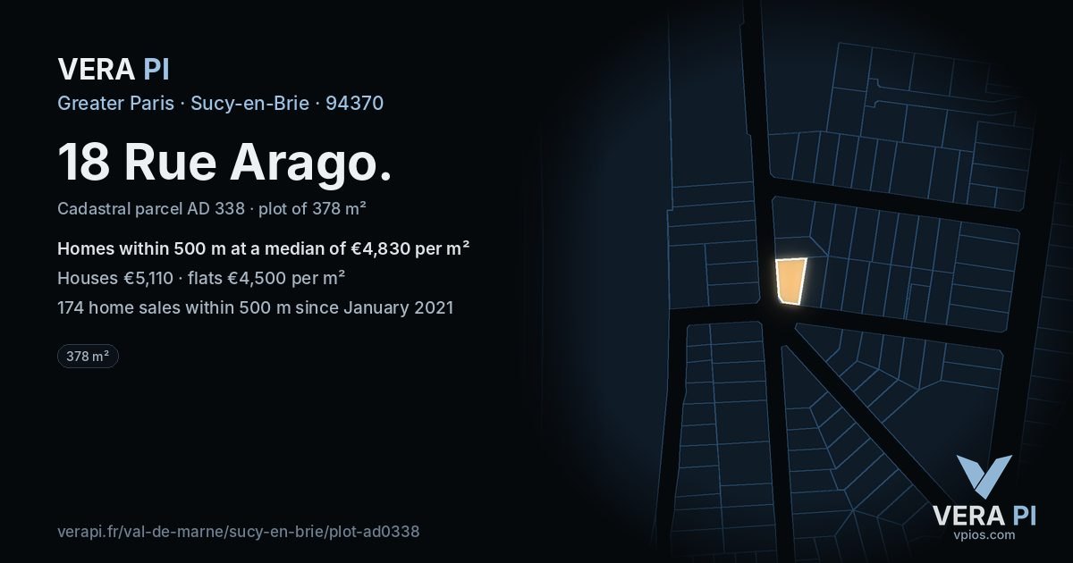 18 Rue Arago, Sucy-en-Brie at night – the plot lit, the parcels around coloured by the prices near them