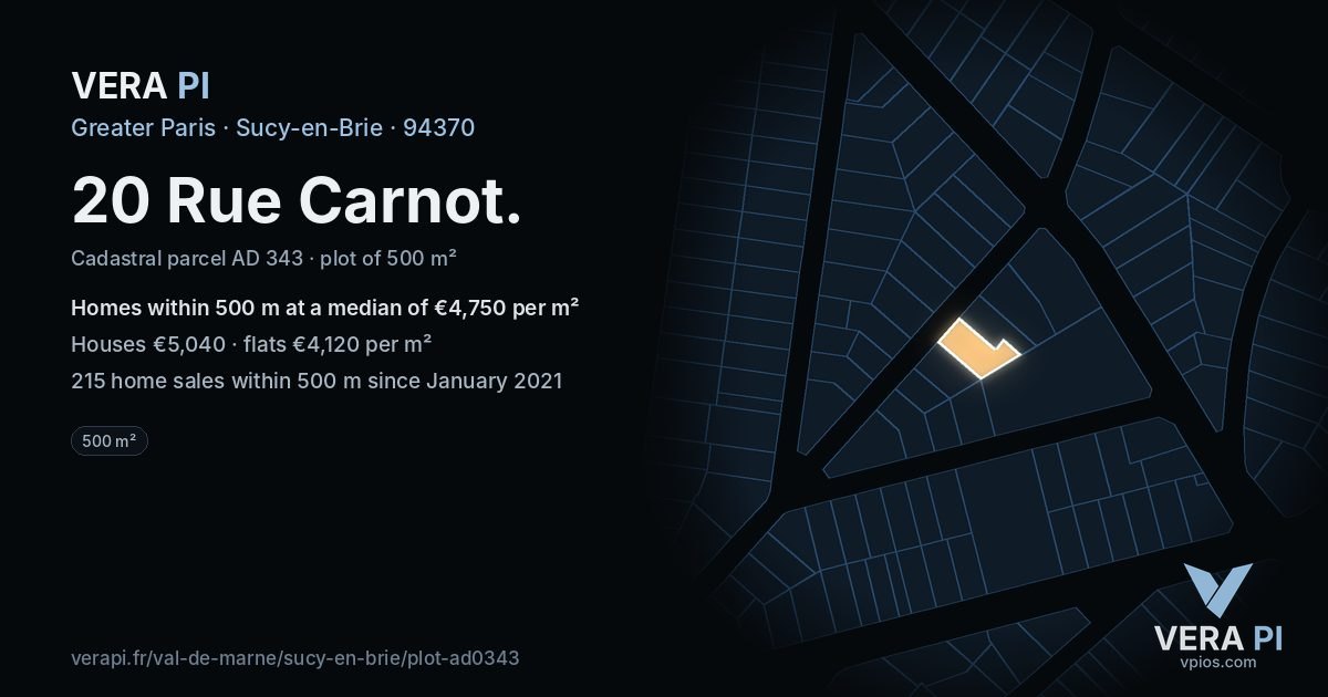 20 Rue Carnot, Sucy-en-Brie at night – the plot lit, the parcels around coloured by the prices near them