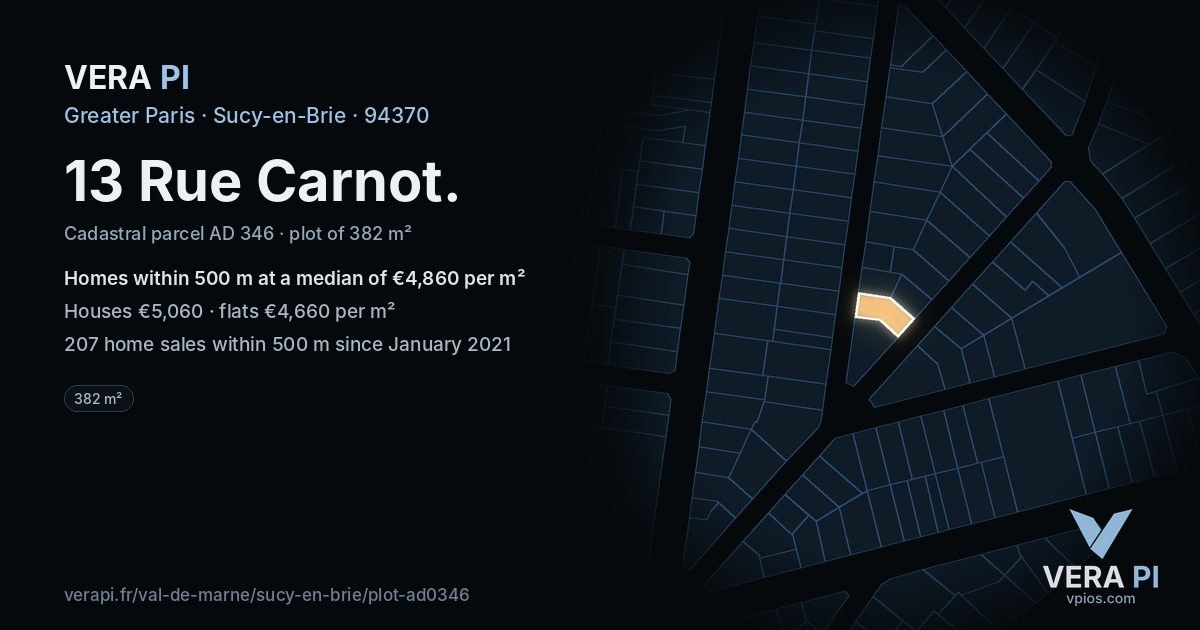 13 Rue Carnot, Sucy-en-Brie at night – the plot lit, the parcels around coloured by the prices near them