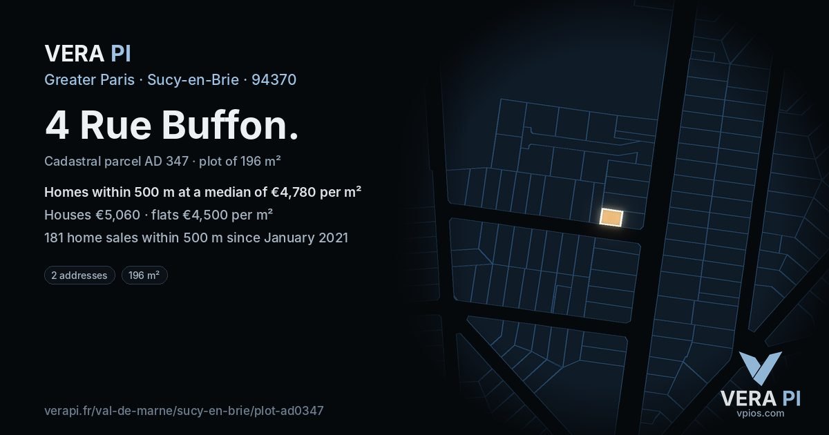 4 Rue Buffon, Sucy-en-Brie at night – the plot lit, the parcels around coloured by the prices near them