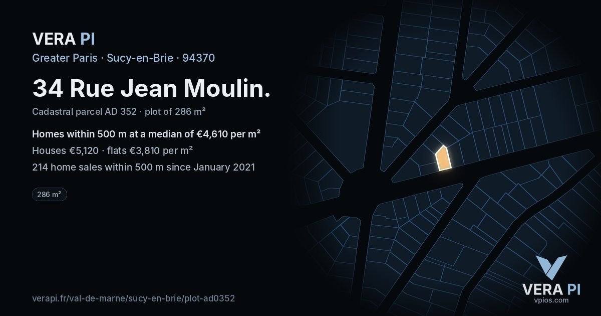 34 Rue Jean Moulin, Sucy-en-Brie at night – the plot lit, the parcels around coloured by the prices near them