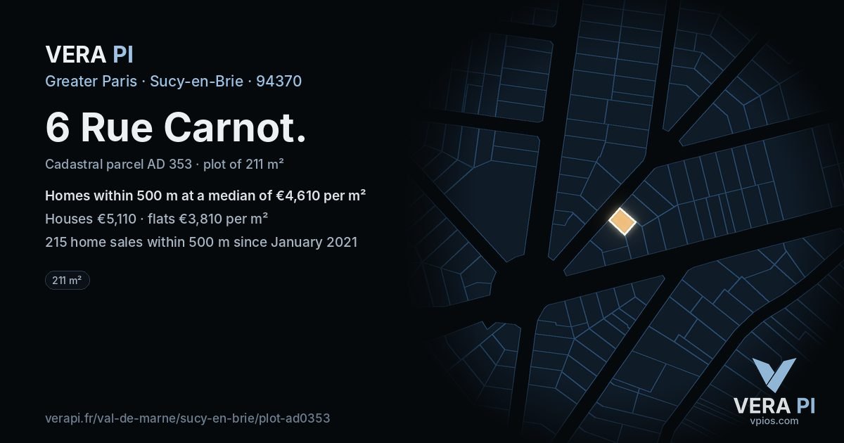 6 Rue Carnot, Sucy-en-Brie at night – the plot lit, the parcels around coloured by the prices near them