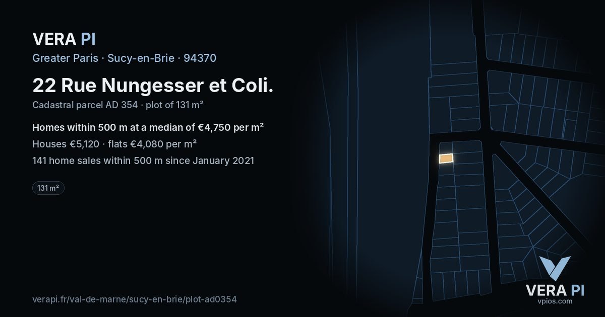 22 Rue Nungesser et Coli, Sucy-en-Brie at night – the plot lit, the parcels around coloured by the prices near them
