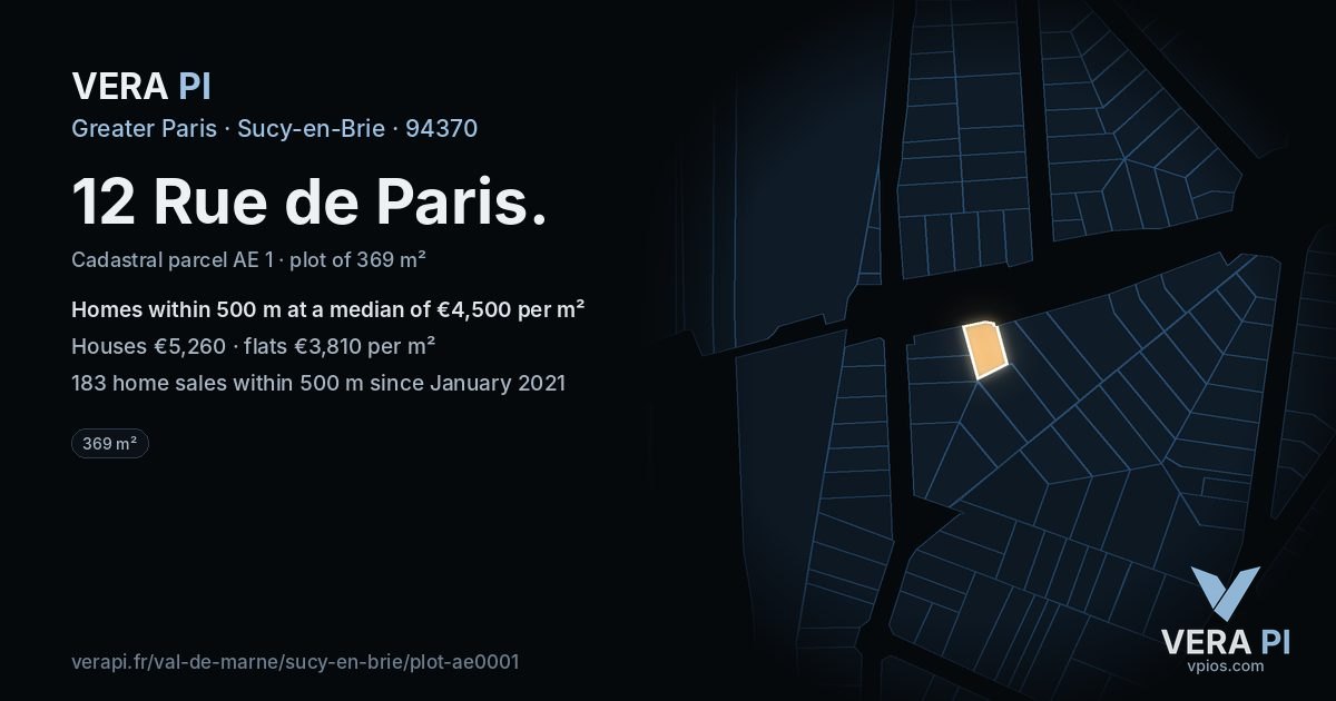 12 Rue de Paris, Sucy-en-Brie at night – the plot lit, the parcels around coloured by the prices near them