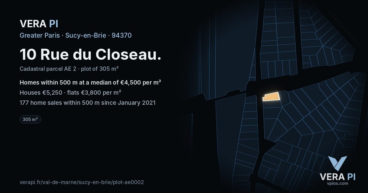 10 Rue du Closeau, Sucy-en-Brie at night – the plot lit, the parcels around coloured by the prices near them