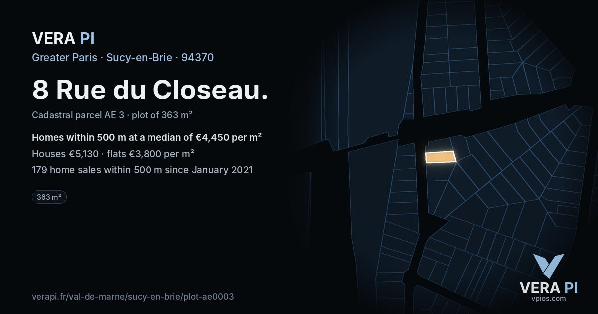 8 Rue du Closeau, Sucy-en-Brie at night – the plot lit, the parcels around coloured by the prices near them