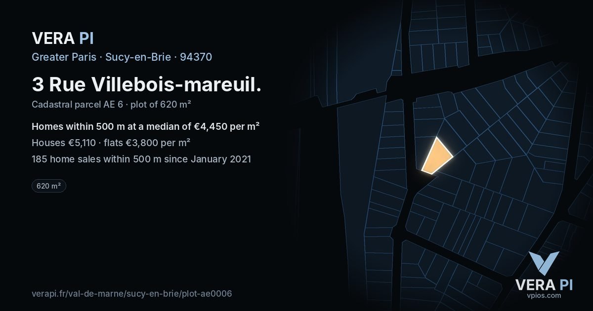3 Rue Villebois-mareuil, Sucy-en-Brie at night – the plot lit, the parcels around coloured by the prices near them