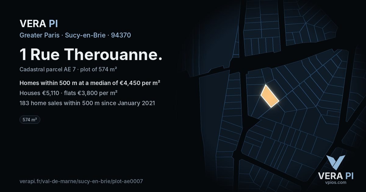 1 Rue Therouanne, Sucy-en-Brie at night – the plot lit, the parcels around coloured by the prices near them