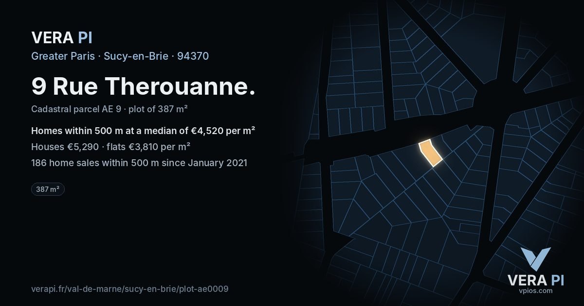 9 Rue Therouanne, Sucy-en-Brie at night – the plot lit, the parcels around coloured by the prices near them