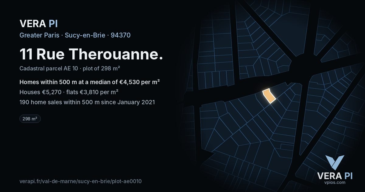 11 Rue Therouanne, Sucy-en-Brie at night – the plot lit, the parcels around coloured by the prices near them