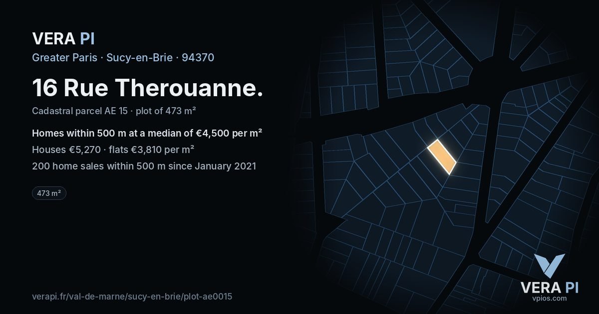 16 Rue Therouanne, Sucy-en-Brie at night – the plot lit, the parcels around coloured by the prices near them