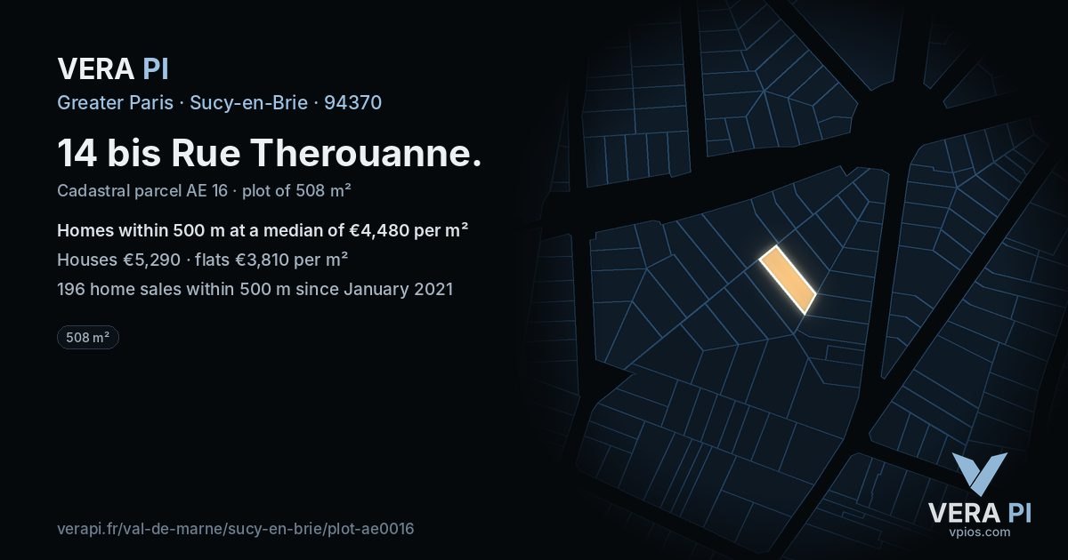 14 bis Rue Therouanne, Sucy-en-Brie at night – the plot lit, the parcels around coloured by the prices near them