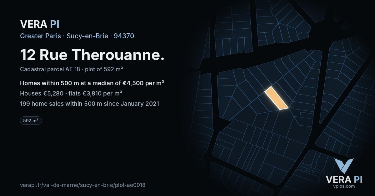 12 Rue Therouanne, Sucy-en-Brie at night – the plot lit, the parcels around coloured by the prices near them