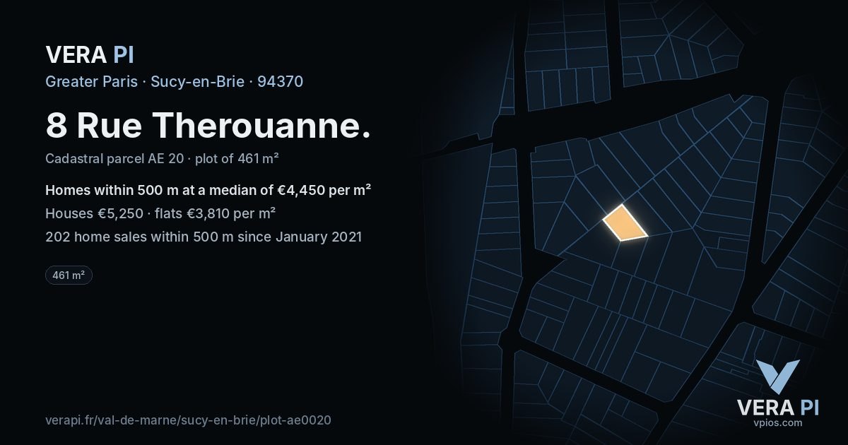 8 Rue Therouanne, Sucy-en-Brie at night – the plot lit, the parcels around coloured by the prices near them