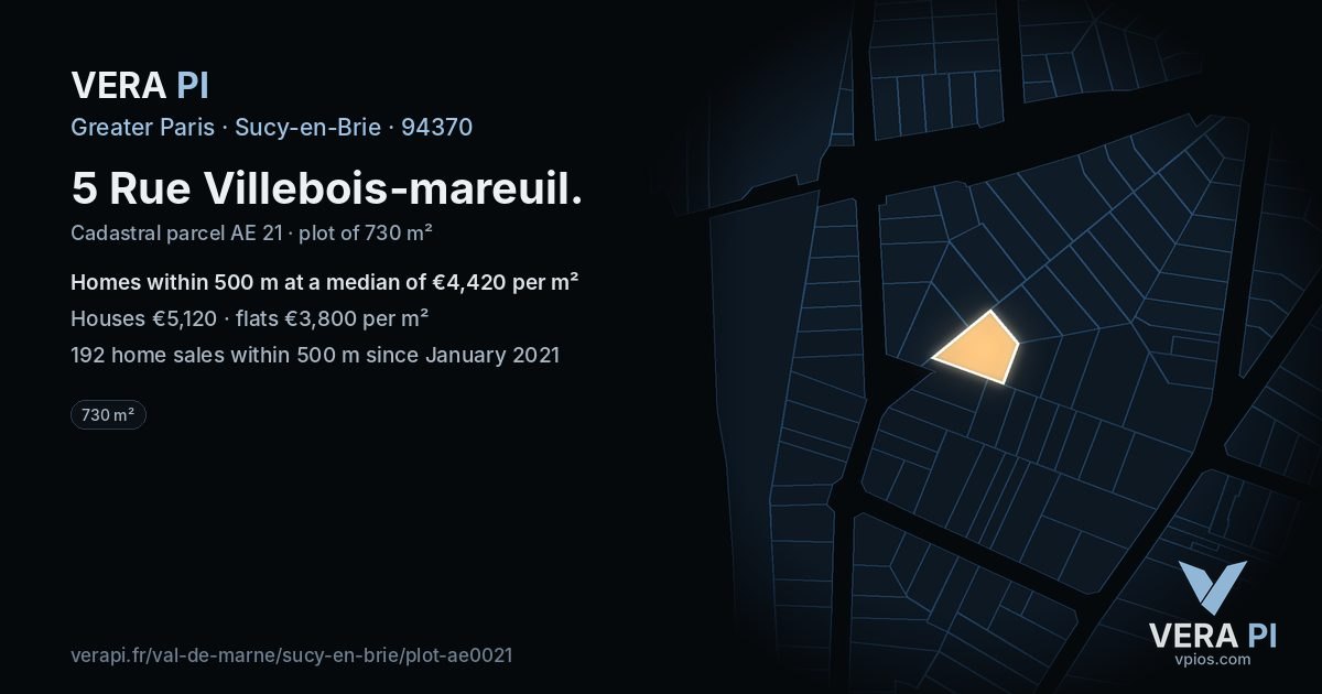 5 Rue Villebois-mareuil, Sucy-en-Brie at night – the plot lit, the parcels around coloured by the prices near them