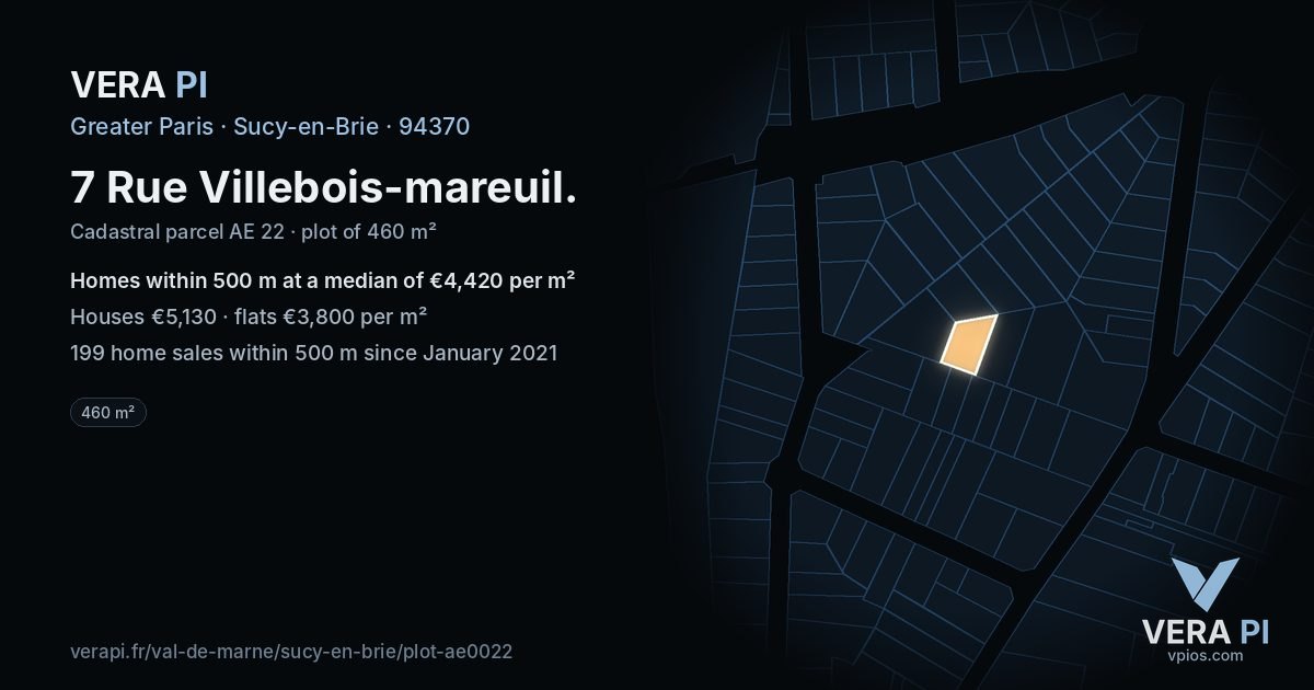 7 Rue Villebois-mareuil, Sucy-en-Brie at night – the plot lit, the parcels around coloured by the prices near them