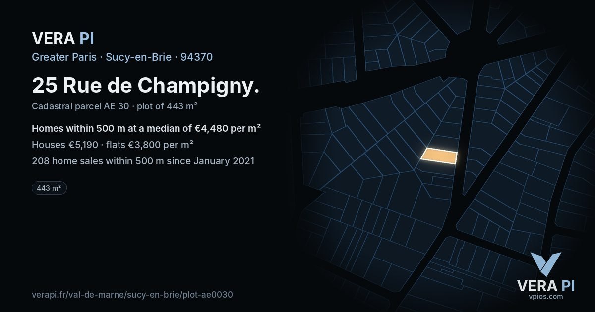 25 Rue de Champigny, Sucy-en-Brie at night – the plot lit, the parcels around coloured by the prices near them
