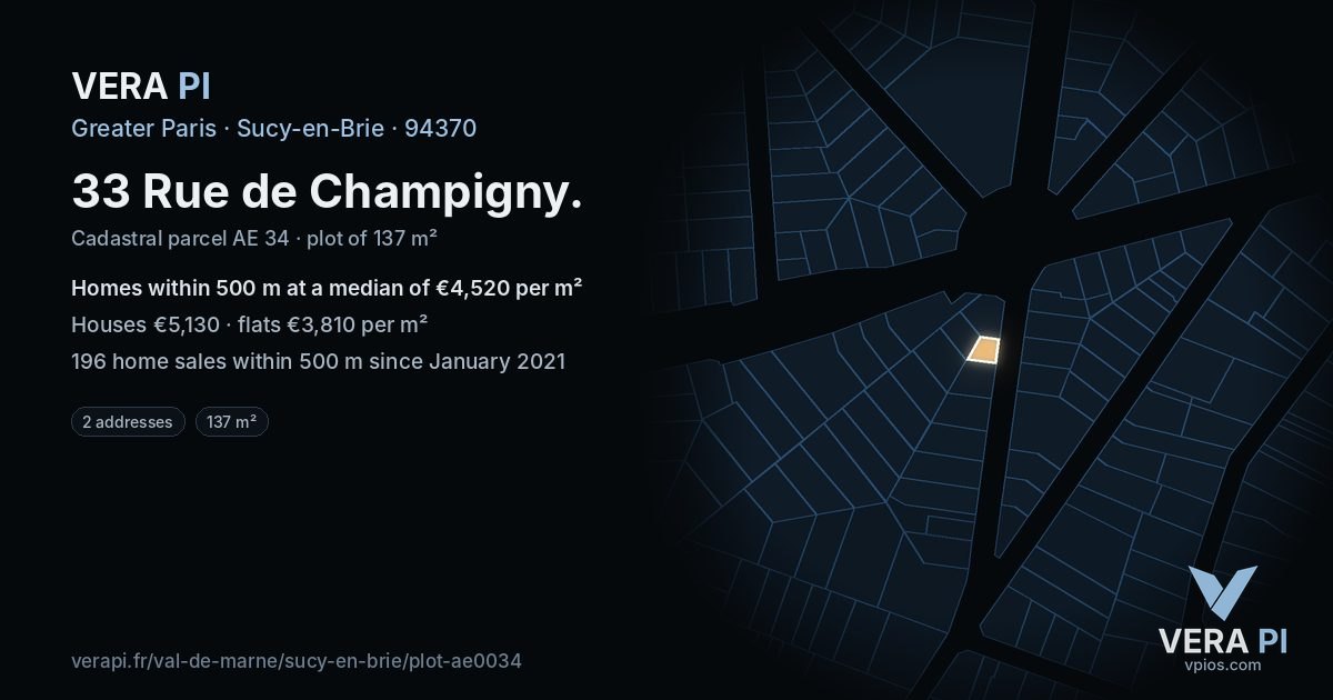 33 Rue de Champigny, Sucy-en-Brie at night – the plot lit, the parcels around coloured by the prices near them