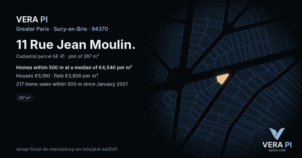 11 Rue Jean Moulin, Sucy-en-Brie at night – the plot lit, the parcels around coloured by the prices near them