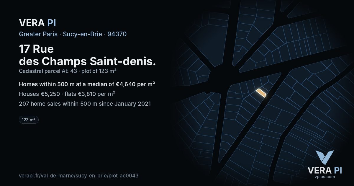 17 Rue des Champs Saint-denis, Sucy-en-Brie at night – the plot lit, the parcels around coloured by the prices near them