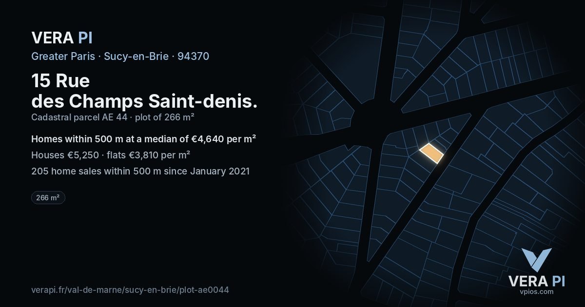 15 Rue des Champs Saint-denis, Sucy-en-Brie at night – the plot lit, the parcels around coloured by the prices near them
