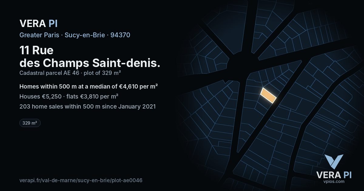 11 Rue des Champs Saint-denis, Sucy-en-Brie at night – the plot lit, the parcels around coloured by the prices near them