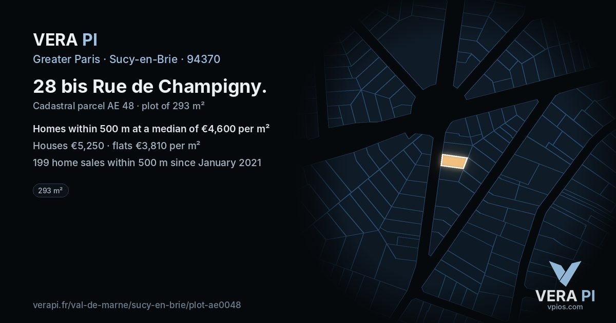 28 bis Rue de Champigny, Sucy-en-Brie at night – the plot lit, the parcels around coloured by the prices near them