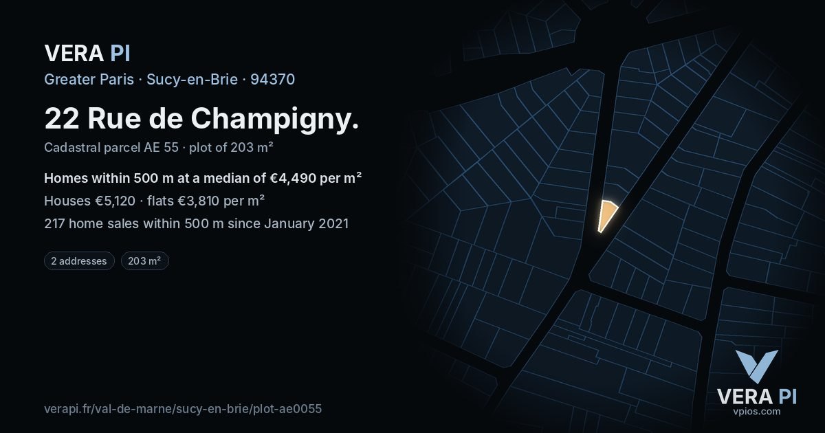 22 Rue de Champigny, Sucy-en-Brie at night – the plot lit, the parcels around coloured by the prices near them