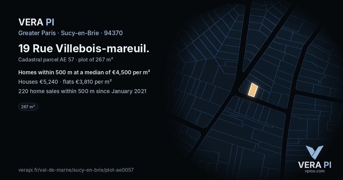 19 Rue Villebois-mareuil, Sucy-en-Brie at night – the plot lit, the parcels around coloured by the prices near them