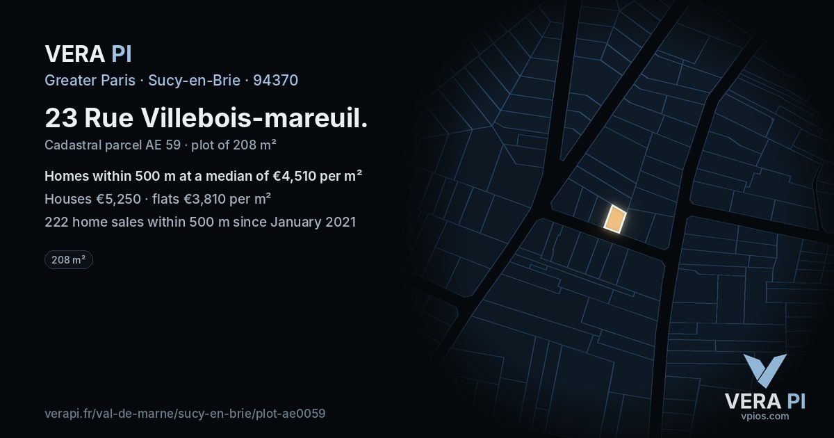 23 Rue Villebois-mareuil, Sucy-en-Brie at night – the plot lit, the parcels around coloured by the prices near them