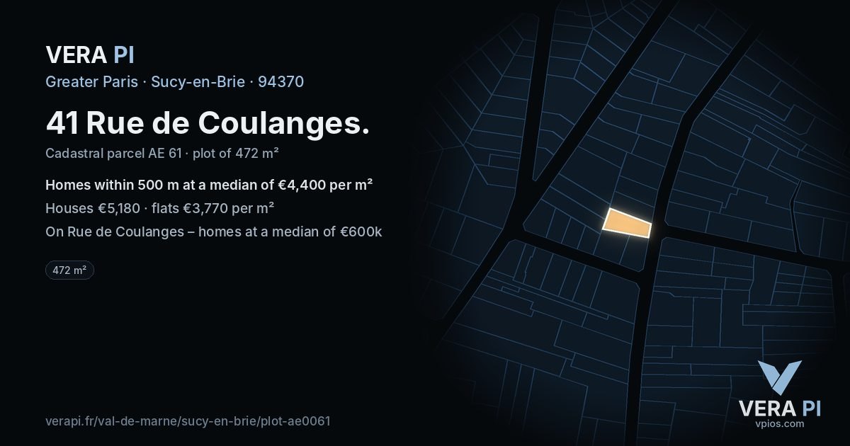 41 Rue de Coulanges, Sucy-en-Brie at night – the plot lit, the parcels around coloured by the prices near them