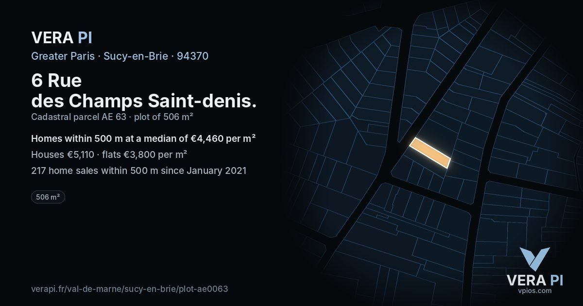 6 Rue des Champs Saint-denis, Sucy-en-Brie at night – the plot lit, the parcels around coloured by the prices near them