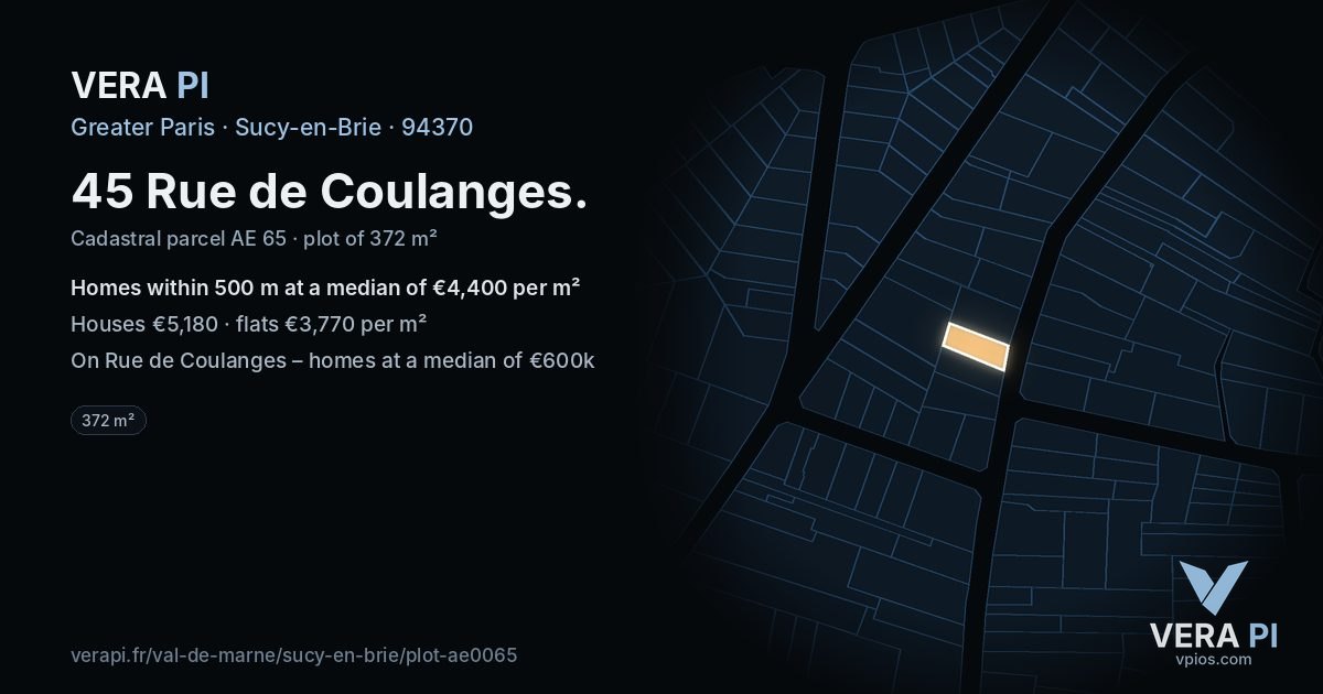 45 Rue de Coulanges, Sucy-en-Brie at night – the plot lit, the parcels around coloured by the prices near them