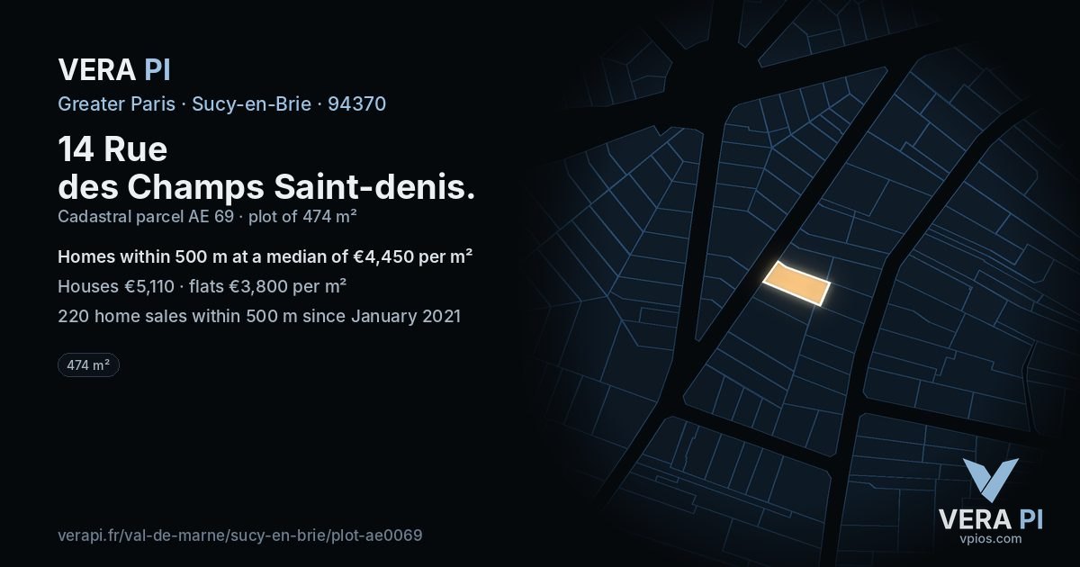 14 Rue des Champs Saint-denis, Sucy-en-Brie at night – the plot lit, the parcels around coloured by the prices near them