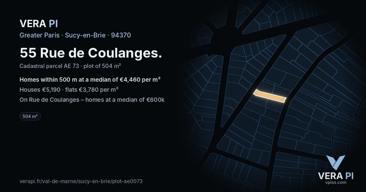 55 Rue de Coulanges, Sucy-en-Brie at night – the plot lit, the parcels around coloured by the prices near them