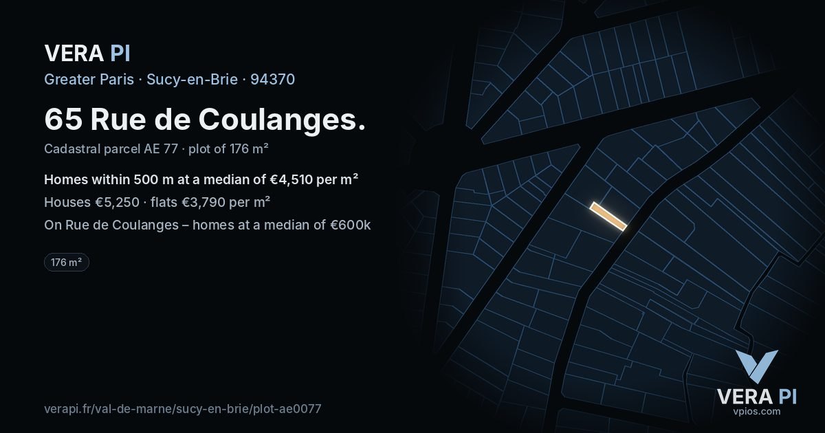 65 Rue de Coulanges, Sucy-en-Brie at night – the plot lit, the parcels around coloured by the prices near them