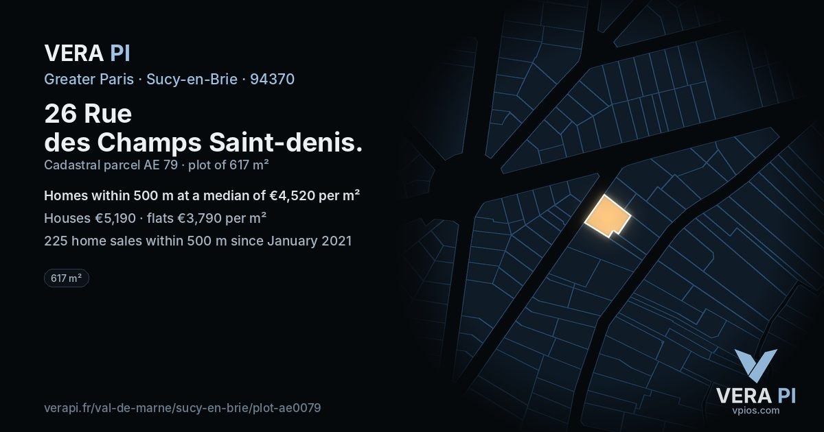 26 Rue des Champs Saint-denis, Sucy-en-Brie at night – the plot lit, the parcels around coloured by the prices near them