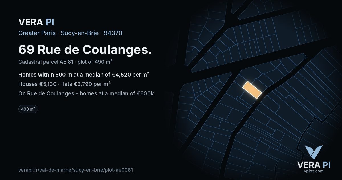 69 Rue de Coulanges, Sucy-en-Brie at night – the plot lit, the parcels around coloured by the prices near them