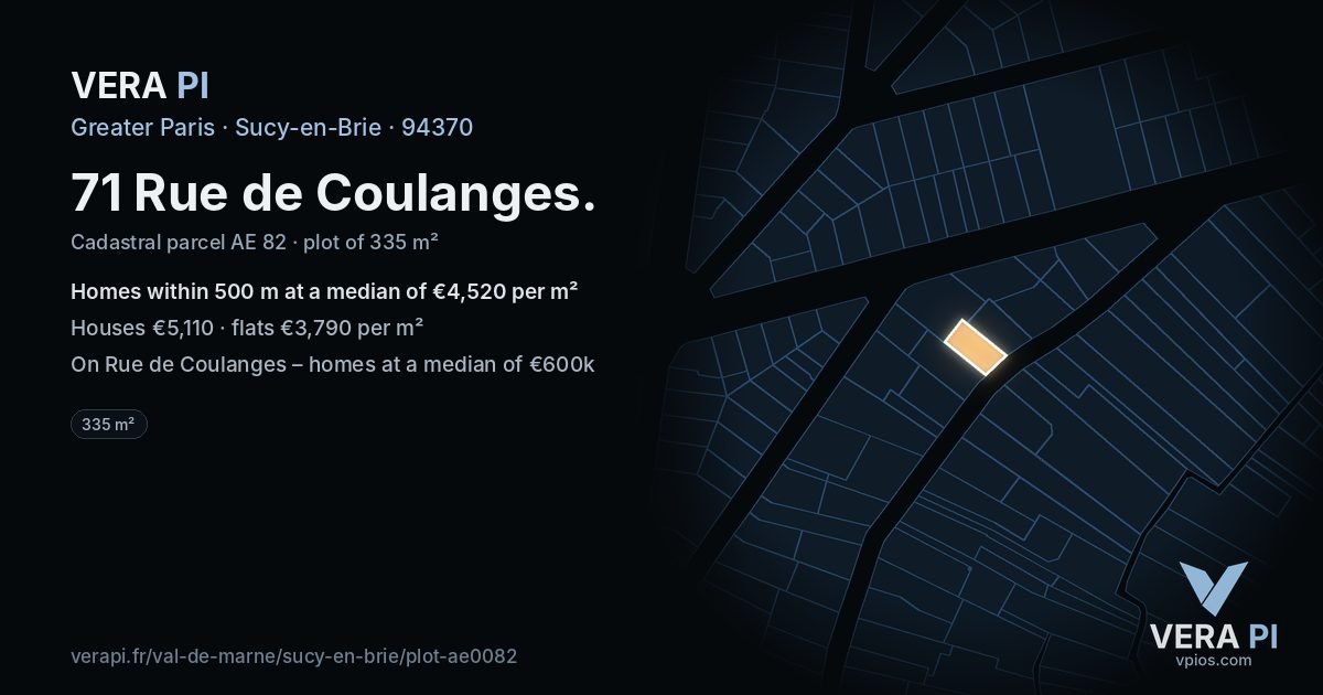 71 Rue de Coulanges, Sucy-en-Brie at night – the plot lit, the parcels around coloured by the prices near them