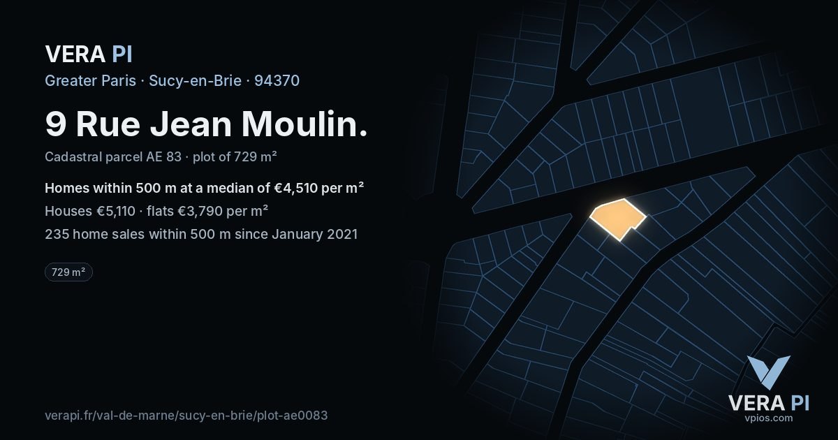 9 Rue Jean Moulin, Sucy-en-Brie at night – the plot lit, the parcels around coloured by the prices near them