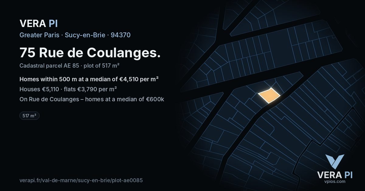 75 Rue de Coulanges, Sucy-en-Brie at night – the plot lit, the parcels around coloured by the prices near them
