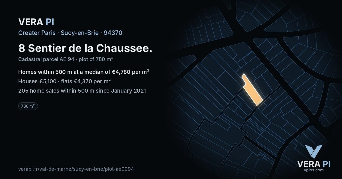 8 Sentier de la Chaussee, Sucy-en-Brie at night – the plot lit, the parcels around coloured by the prices near them