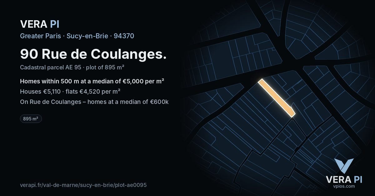 90 Rue de Coulanges, Sucy-en-Brie at night – the plot lit, the parcels around coloured by the prices near them