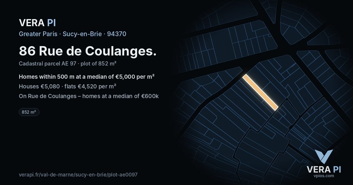 86 Rue de Coulanges, Sucy-en-Brie at night – the plot lit, the parcels around coloured by the prices near them