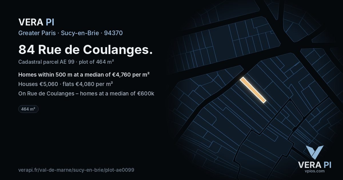 84 Rue de Coulanges, Sucy-en-Brie at night – the plot lit, the parcels around coloured by the prices near them