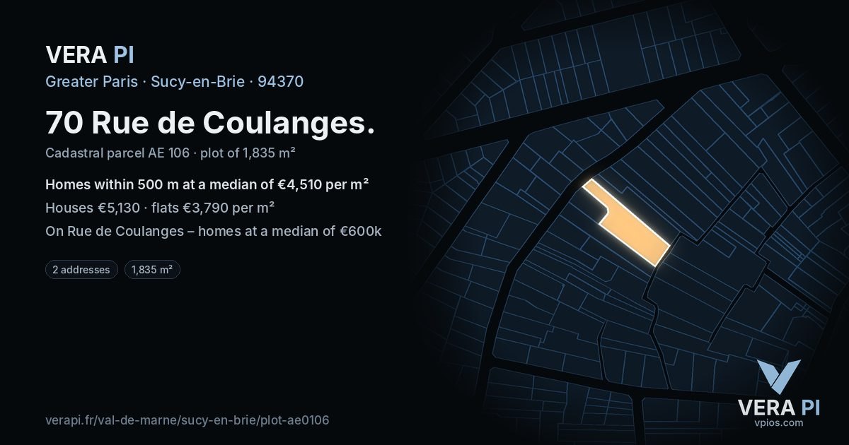 70 Rue de Coulanges, Sucy-en-Brie at night – the plot lit, the parcels around coloured by the prices near them