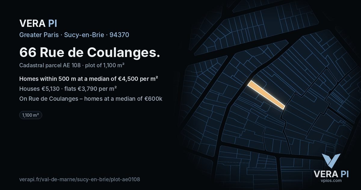 66 Rue de Coulanges, Sucy-en-Brie at night – the plot lit, the parcels around coloured by the prices near them